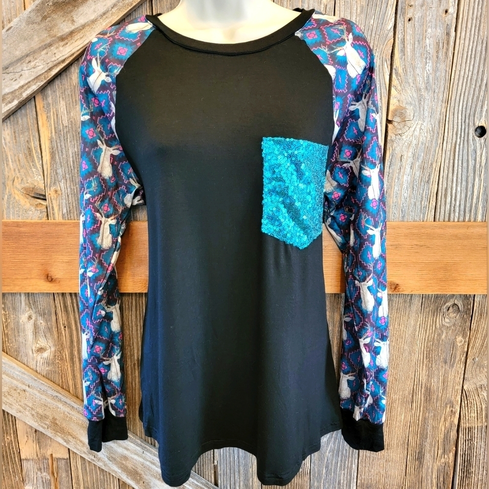 NEW Southern Stitch sequin pocket Blouse w/ deer graphic sz Large NWT western